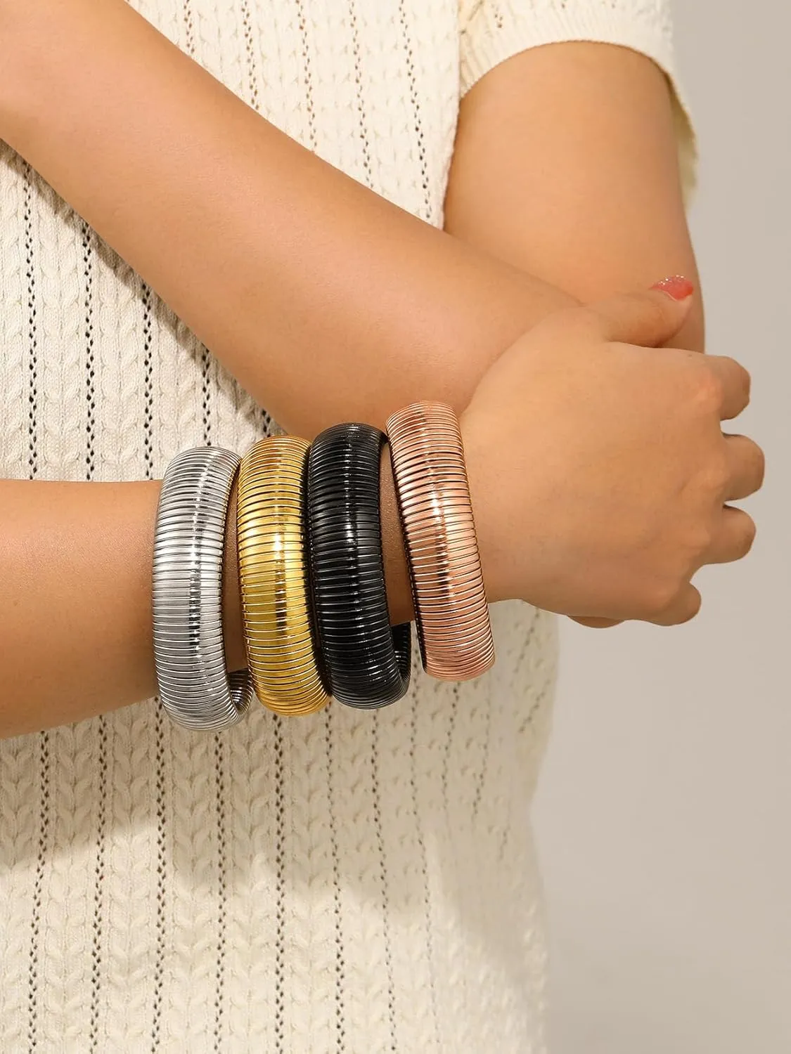 KeyStyle Bangle Bracelets for Women, Stainless Steel Stretch Bracelet Flexible Wide Link Chain Gold Wristband GoldChic Twisted Jewelry, 10mm, 16mm, 20mm