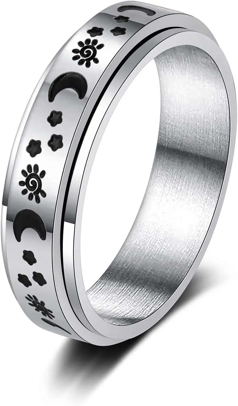 KOHOTA Stainless Steel Fidget Rings for Women Men Anxiety Rings Moon Star Flower Spinner Rings for Anxiety Stress Relieving Band Rings Set Size 6-10