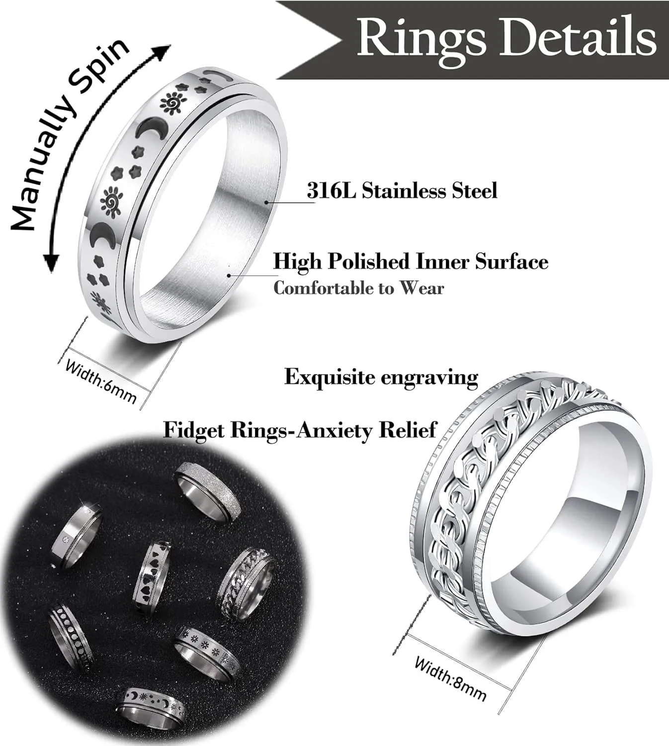 KOHOTA Stainless Steel Fidget Rings for Women Men Anxiety Rings Moon Star Flower Spinner Rings for Anxiety Stress Relieving Band Rings Set Size 6-10