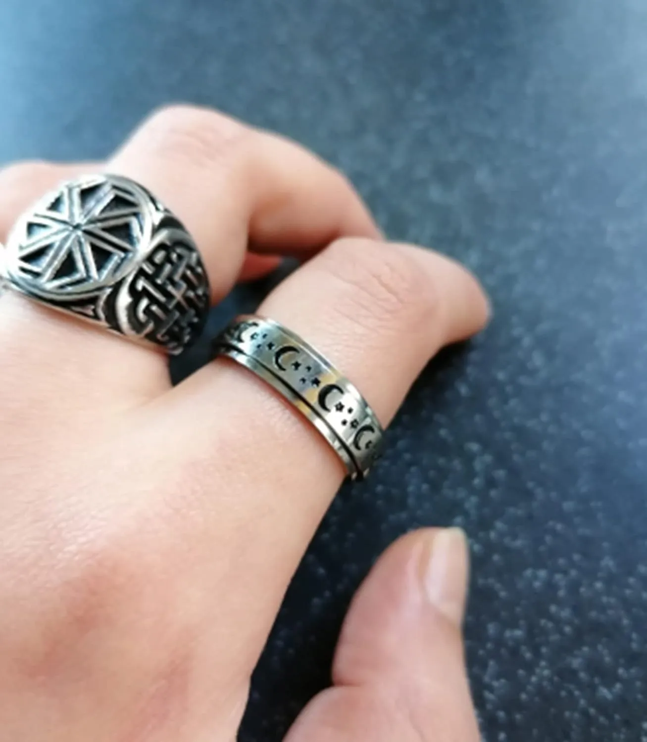 KOHOTA Stainless Steel Fidget Rings for Women Men Anxiety Rings Moon Star Flower Spinner Rings for Anxiety Stress Relieving Band Rings Set Size 6-10