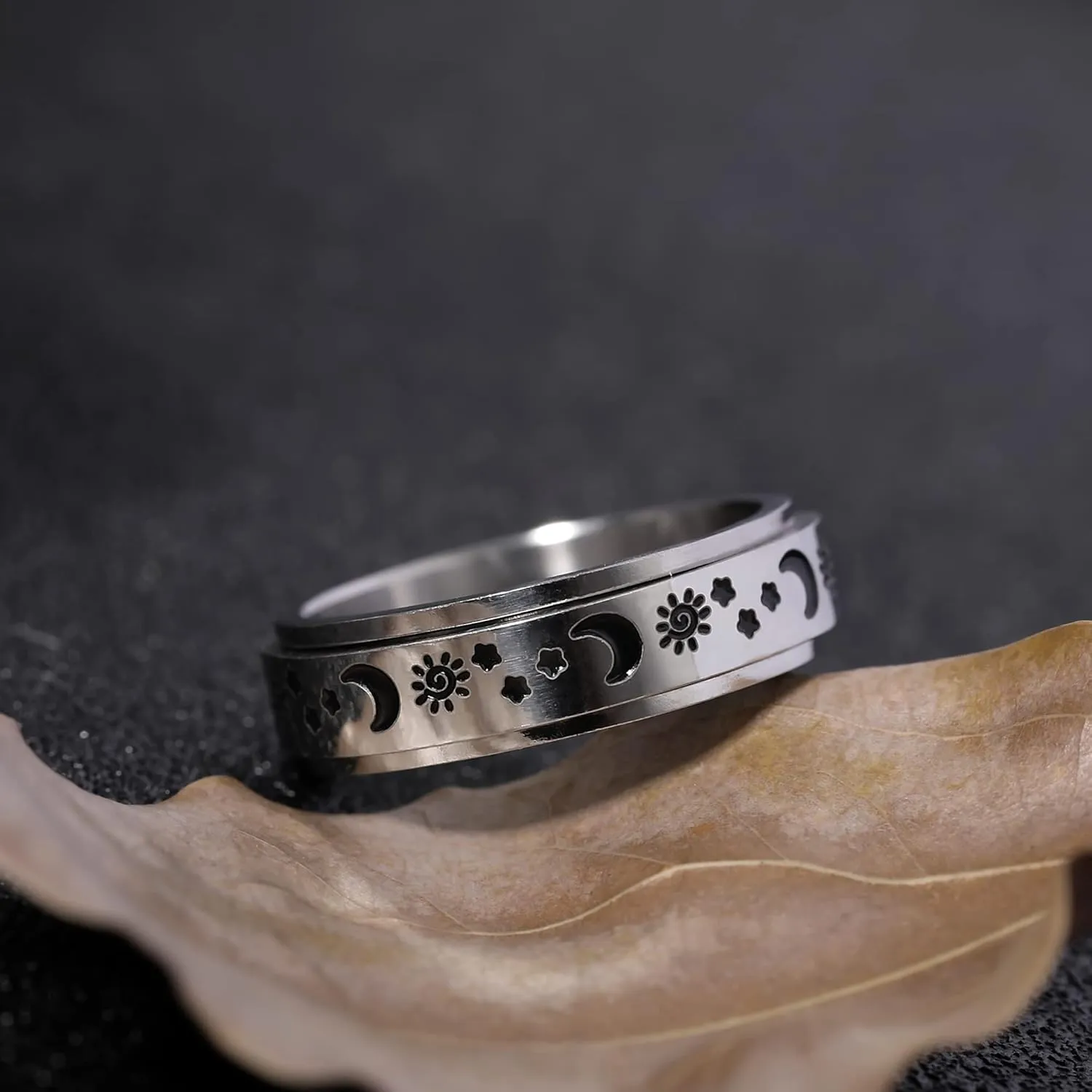 KOHOTA Stainless Steel Fidget Rings for Women Men Anxiety Rings Moon Star Flower Spinner Rings for Anxiety Stress Relieving Band Rings Set Size 6-10