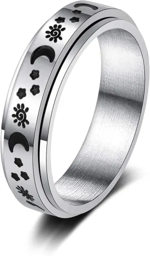 KOHOTA Stainless Steel Fidget Rings for Women Men Anxiety Rings Moon Star Flower Spinner Rings for Anxiety Stress Relieving Band Rings Set Size 6-10