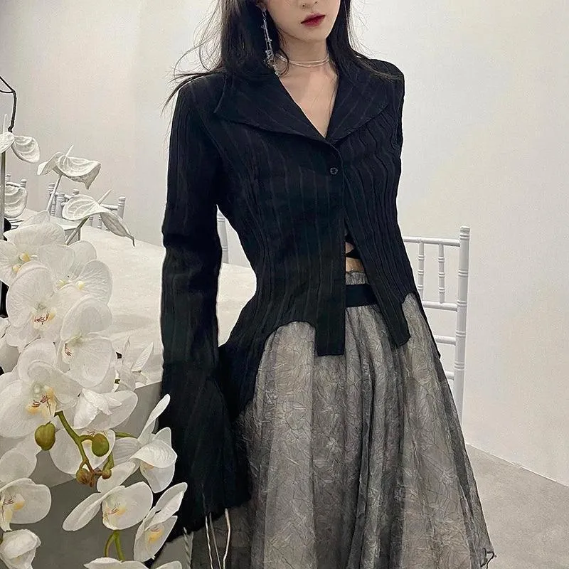 Korean Gothic Black Shirt: Dark Academia Style for Women