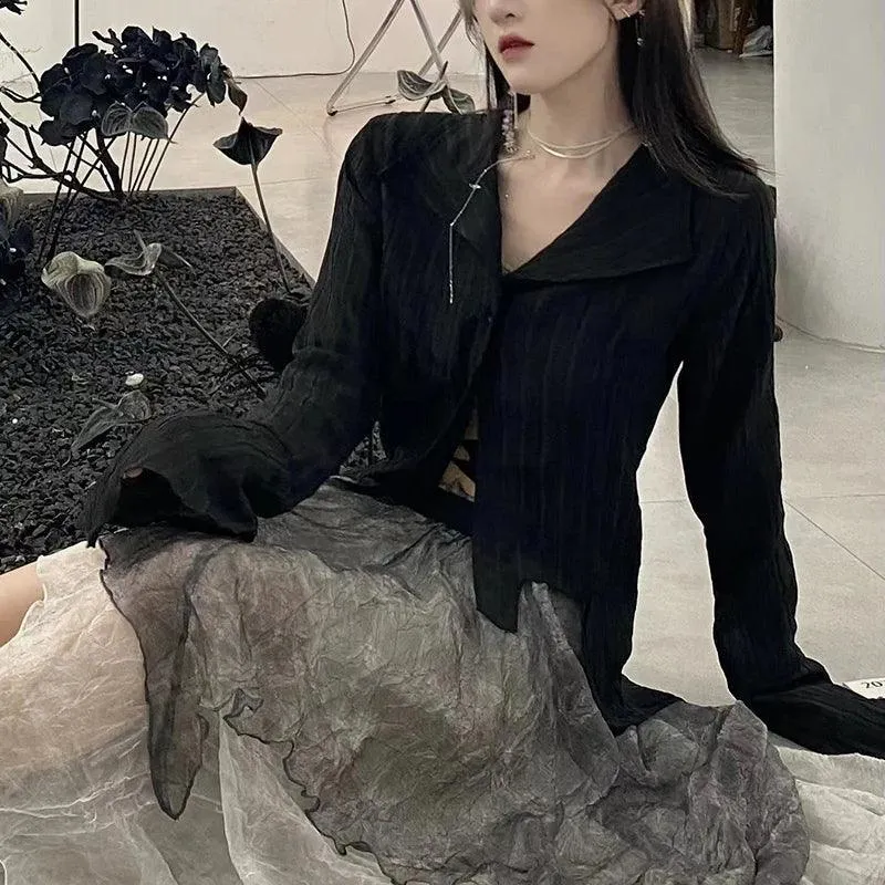 Korean Gothic Black Shirt: Dark Academia Style for Women