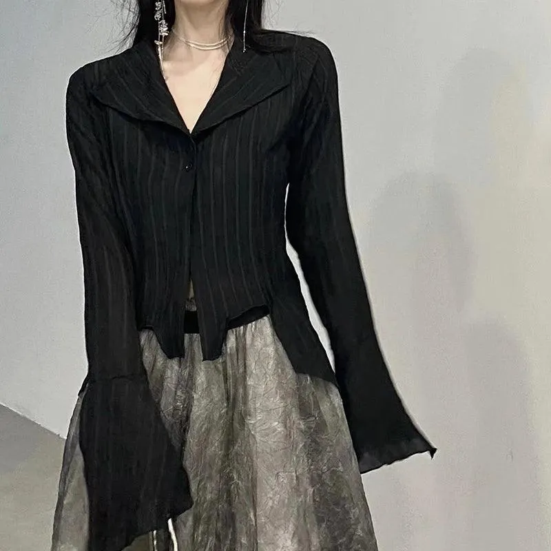 Korean Gothic Black Shirt: Dark Academia Style for Women