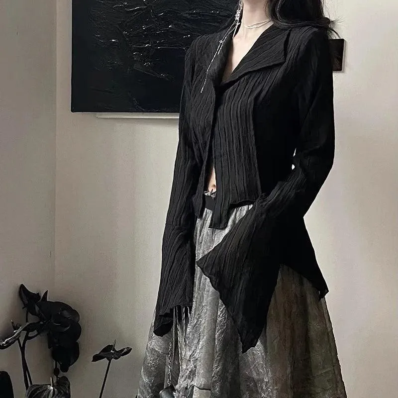 Korean Gothic Black Shirt: Dark Academia Style for Women