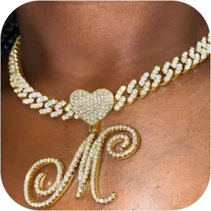Krfy Cursive Gold Initial Pendant Necklace Iced Out Miami Cuban Link Chain for Women 18K Gold Plated Alphabet Letter Pendant Choker Hip Hop Chain Trendy Rapper Jewelry