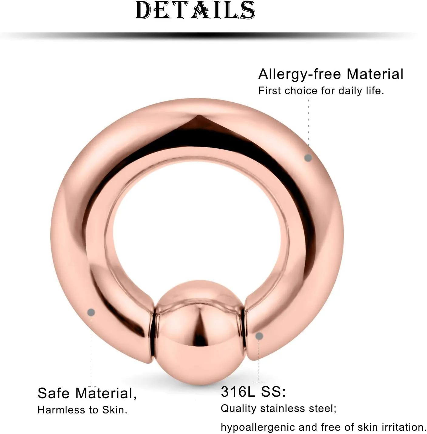 Kridzisw 2G 4G 6G 8G Large Septum Rings Ear Gauges Earrings 316L Surgical Steel Cpative Bead Rose Gold PA Ring Weight Ear Lobe Earrings Stretching Pierceing Jewelry for Women Men Diameter 12mm 16mm