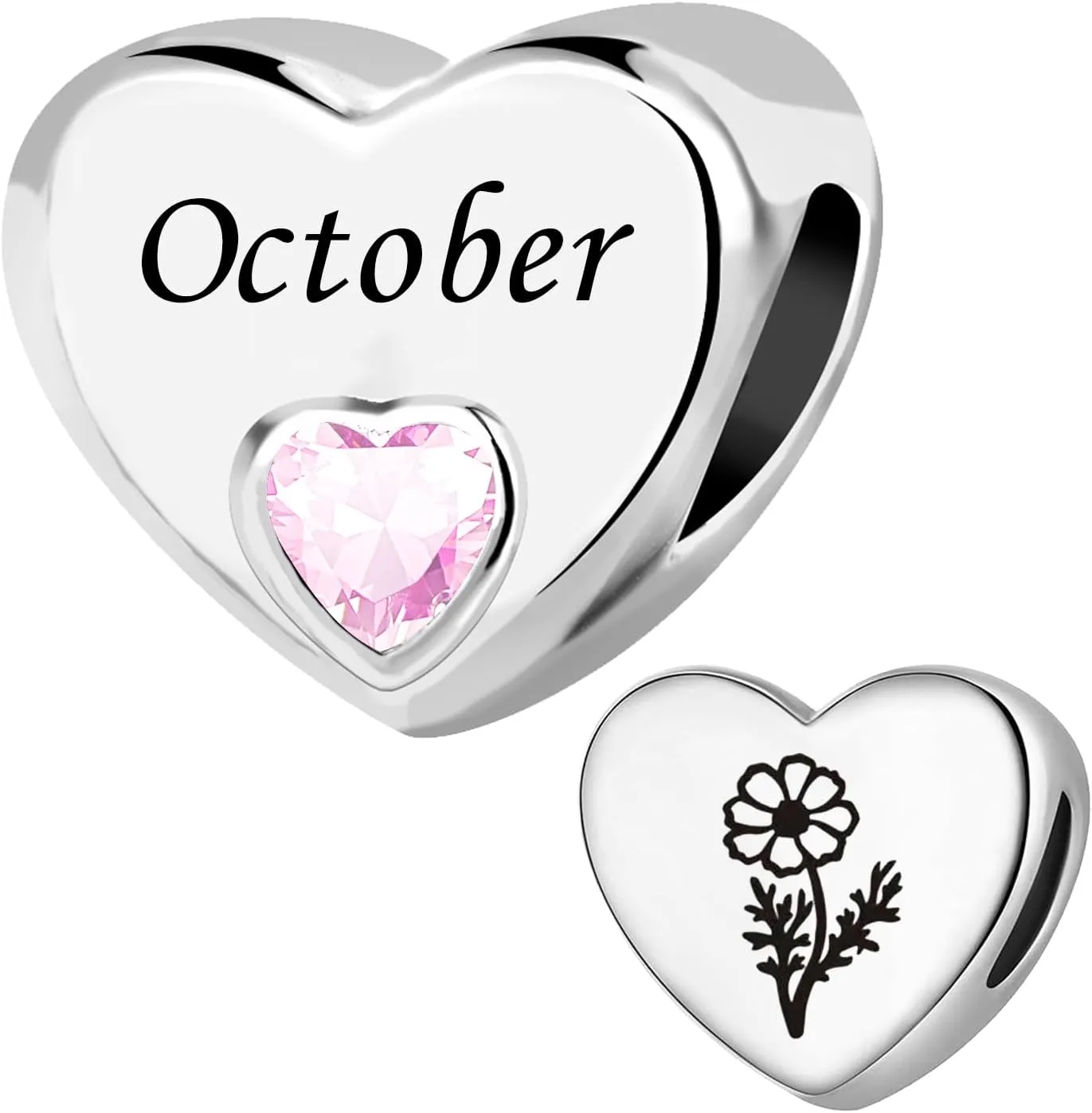 KunBead January-December Birthstone Birthday Month Flower Heart Love Bead Charms Compatible with Pandora Bracelet for Women