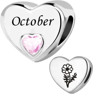 KunBead January-December Birthstone Birthday Month Flower Heart Love Bead Charms Compatible with Pandora Bracelet for Women