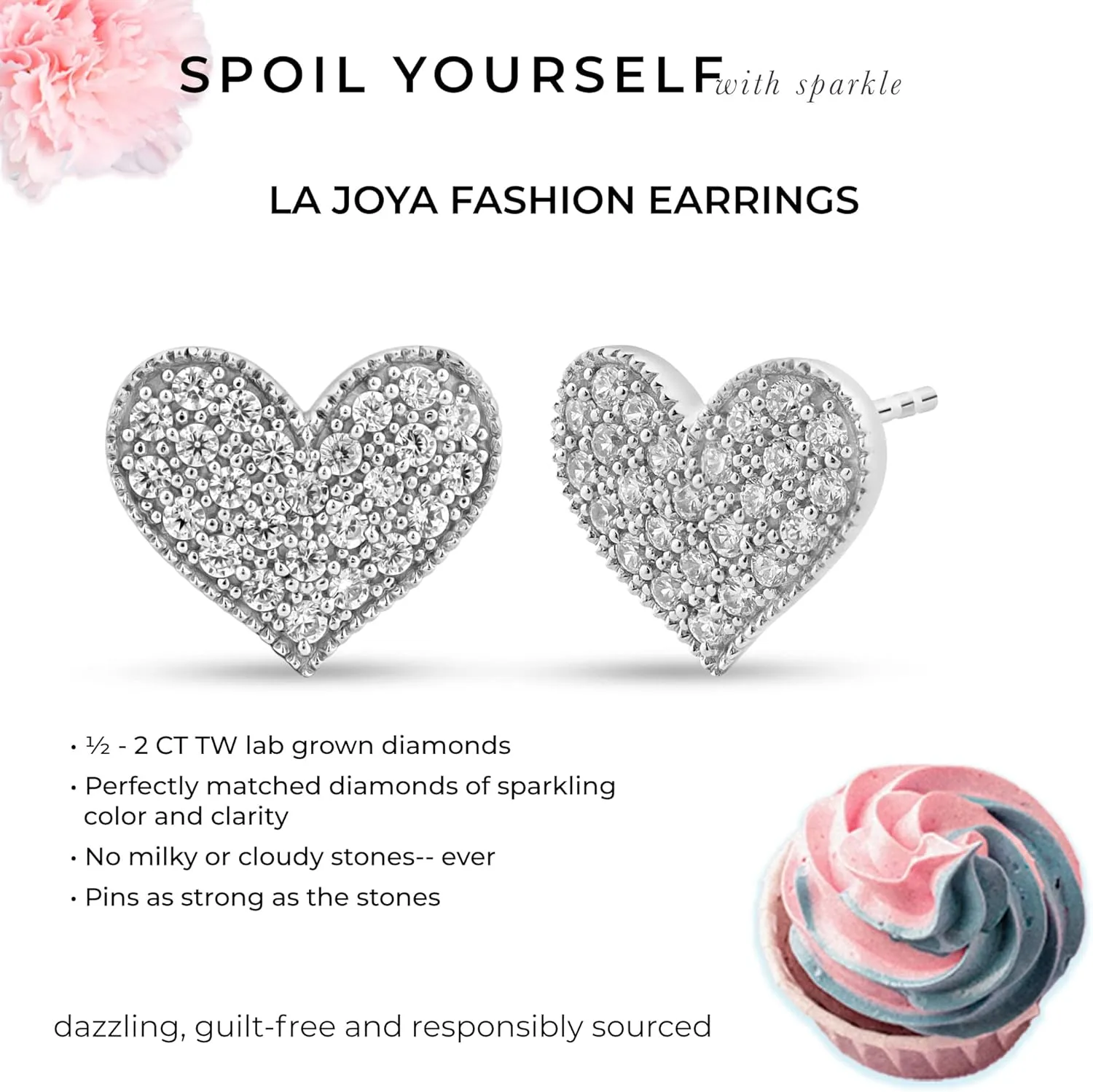 La joya Lab Diamonds Heart Earrings for Women | Real White Gold Plated Sterling Silver Studs | Lab Grown Heart Shaped Diamond Earrings | Ideal Diamond Jewelry for Women