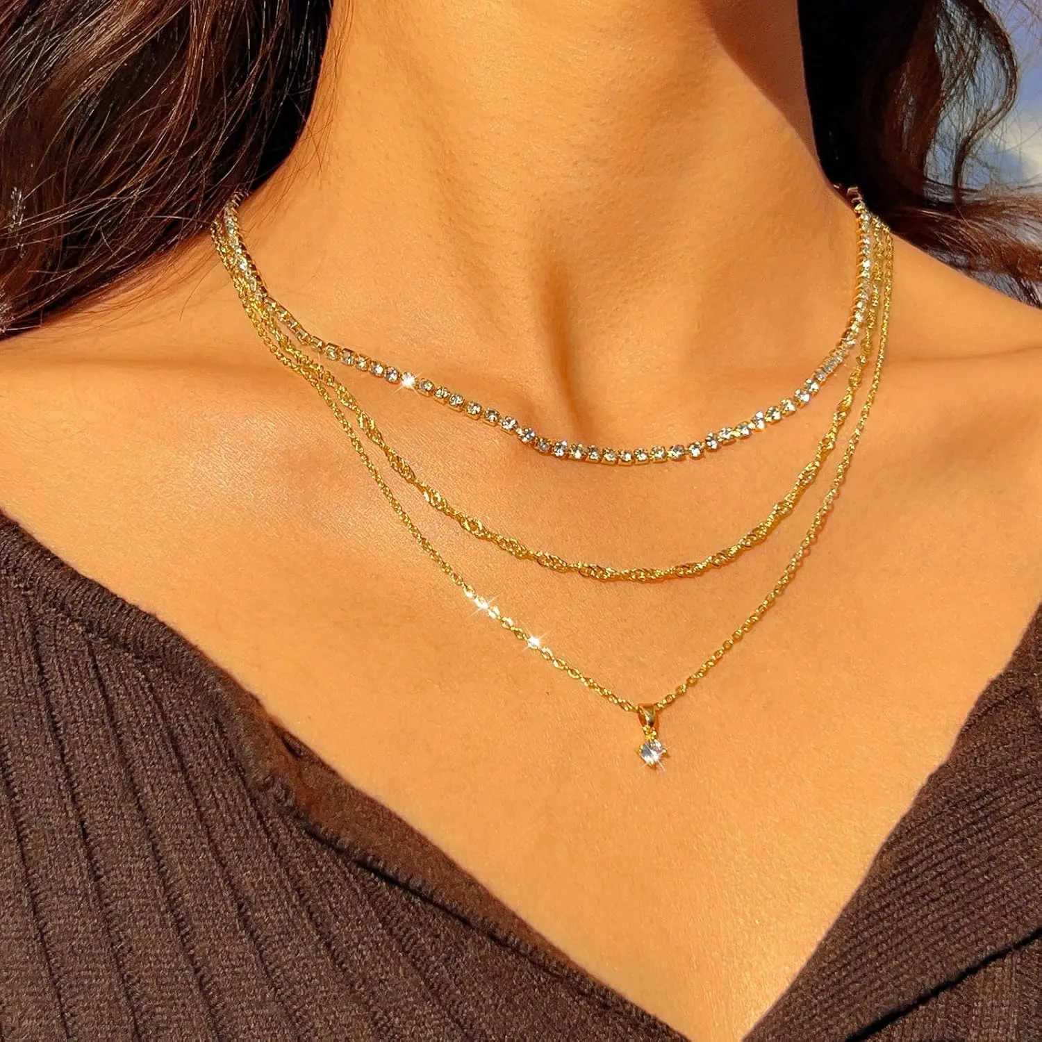Lariat Gold Necklace for Women, Dainty 14k Long Gold Necklace Set Simple Layered Gold Plated Pendant Beaded Drop Chain Jewelry Y Stacked Necklaces for Women