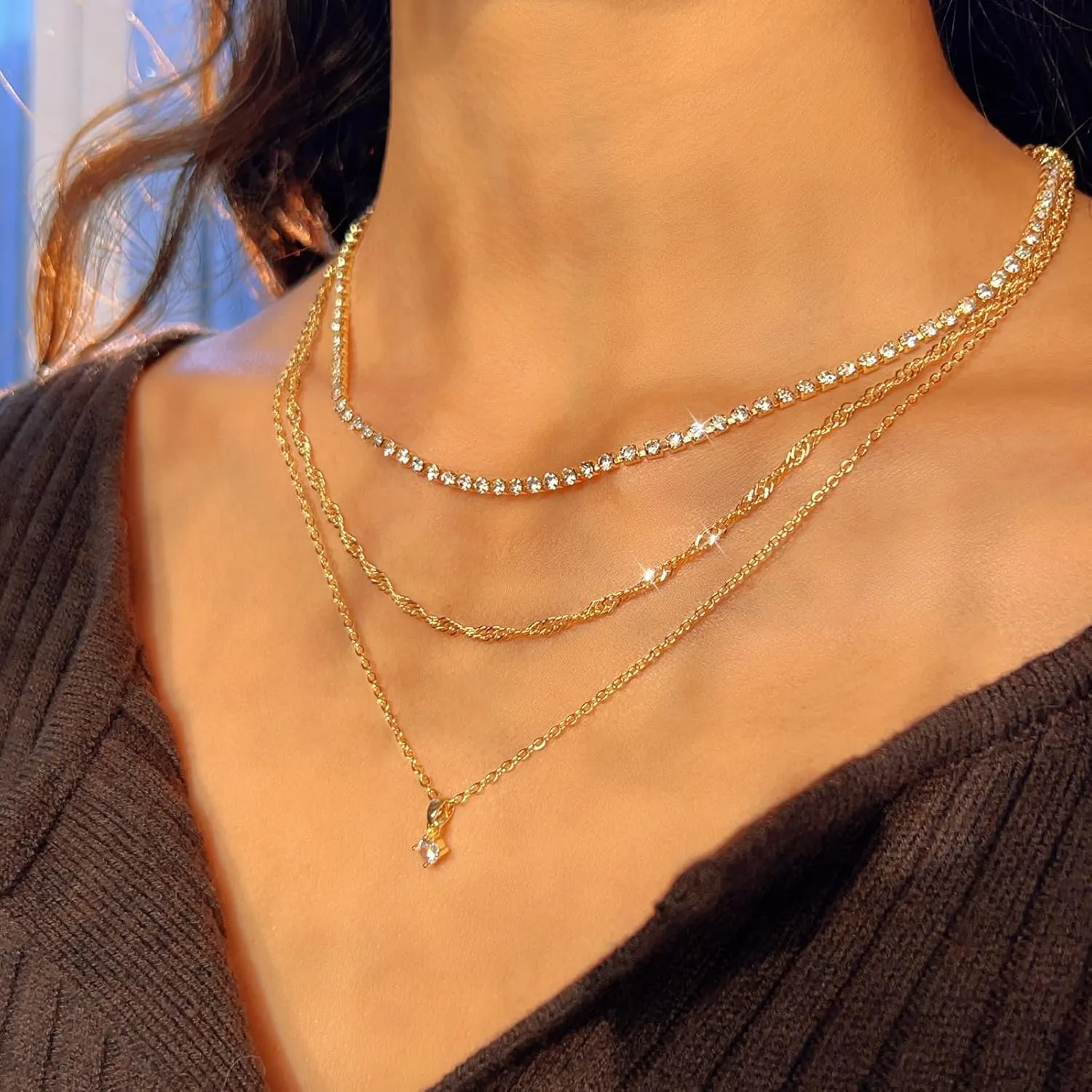 Lariat Gold Necklace for Women, Dainty 14k Long Gold Necklace Set Simple Layered Gold Plated Pendant Beaded Drop Chain Jewelry Y Stacked Necklaces for Women