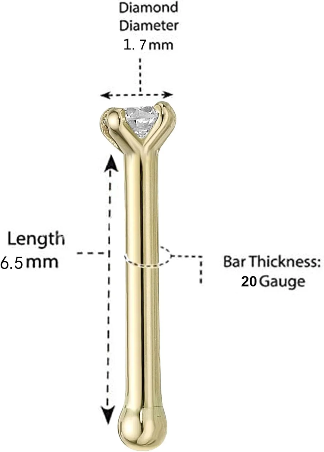 Lavari Jewelers 0.01 to 0.07 Carat Diamond Straight Bone Nose Stud for Women - 14k White or Yellow Gold Nose Ring for Her - 20 Gauge Unisex Hypoallergenic Nostril Jewelry - 20G Body Piercing for Men