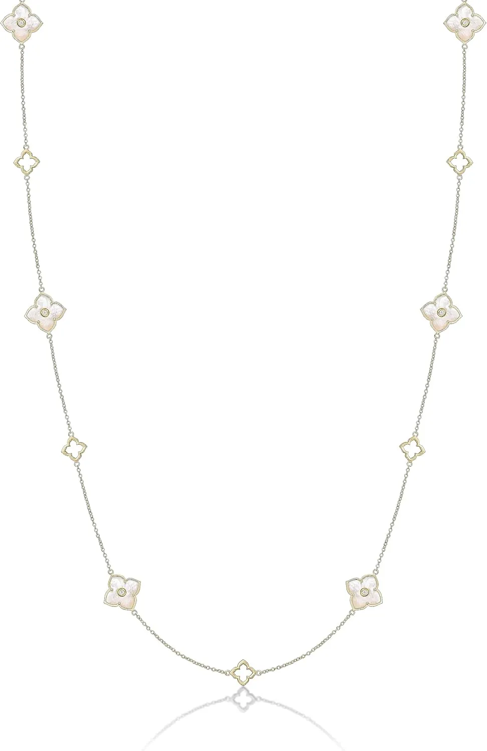 Lavari Jewelers Flower Necklace for Women - Black Onyx or Mother of Pearl & Cubic Zirconia in 925 Sterling Silver - 32 Inch Chain Necklace for Her - Hypoallergenic Gold Plated - Lobster Claw Clasp