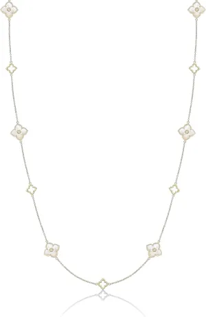Lavari Jewelers Flower Necklace for Women - Black Onyx or Mother of Pearl & Cubic Zirconia in 925 Sterling Silver - 32 Inch Chain Necklace for Her - Hypoallergenic Gold Plated - Lobster Claw Clasp