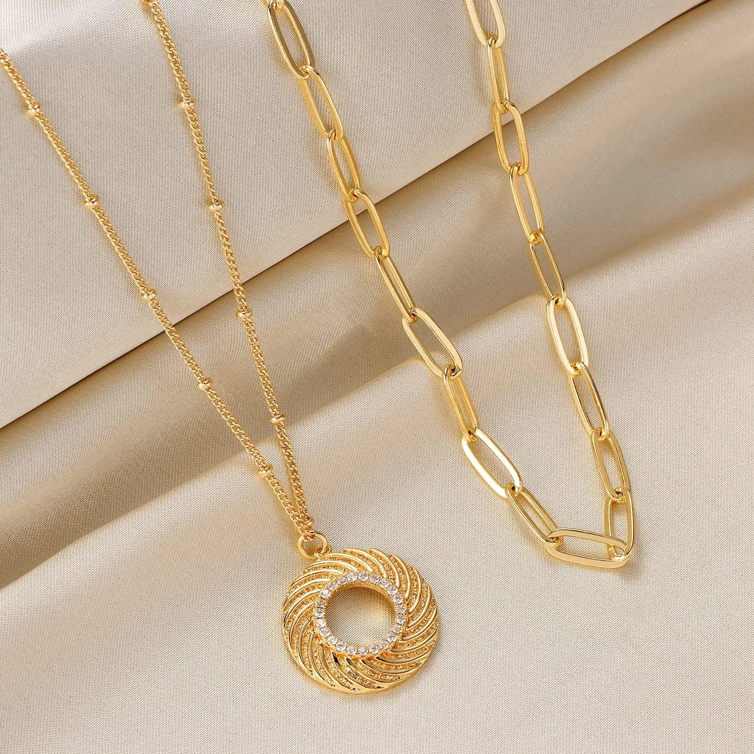Layered Coin Necklace 14K Gold Plated Heart Round Circle Disk Dainty Pendant Necklaces Paperclip Link Chain Choker Jewelry for Women