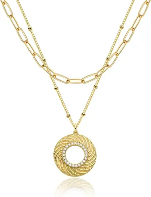 Layered Coin Necklace 14K Gold Plated Heart Round Circle Disk Dainty Pendant Necklaces Paperclip Link Chain Choker Jewelry for Women