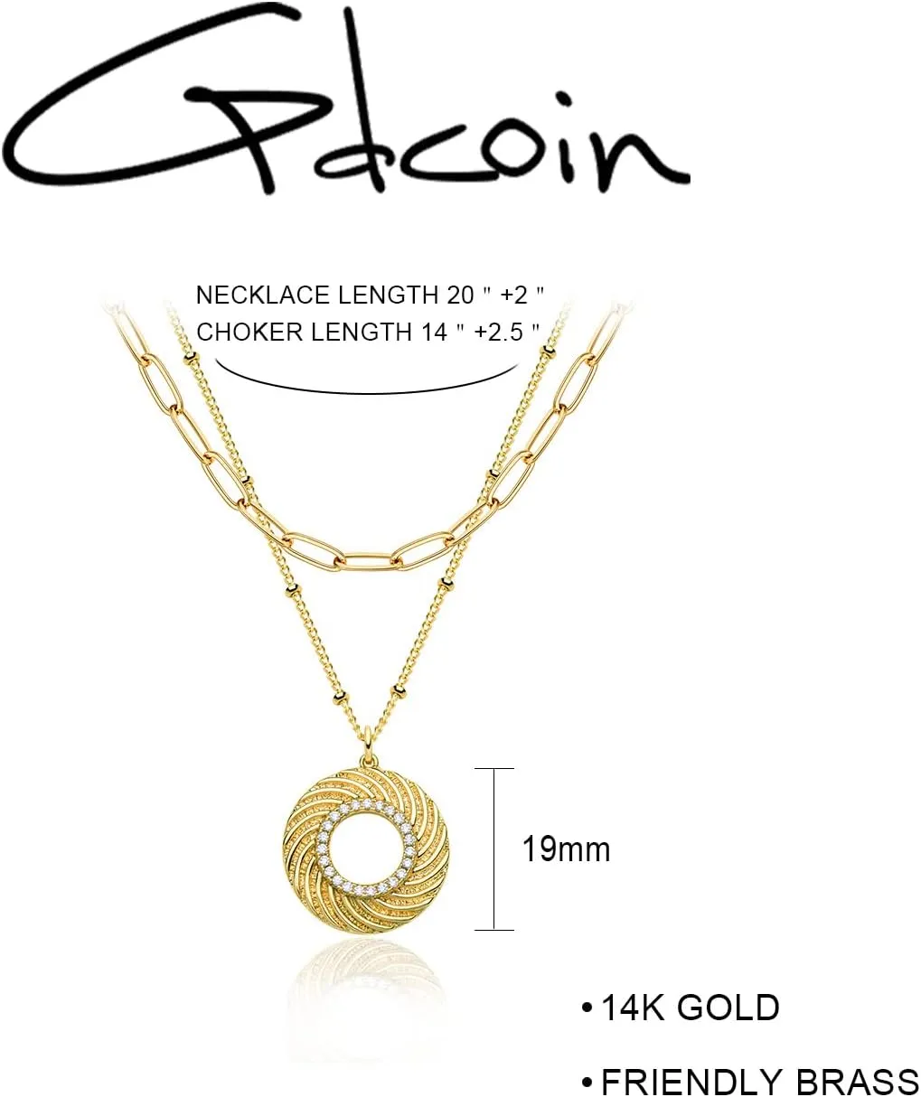 Layered Coin Necklace 14K Gold Plated Heart Round Circle Disk Dainty Pendant Necklaces Paperclip Link Chain Choker Jewelry for Women