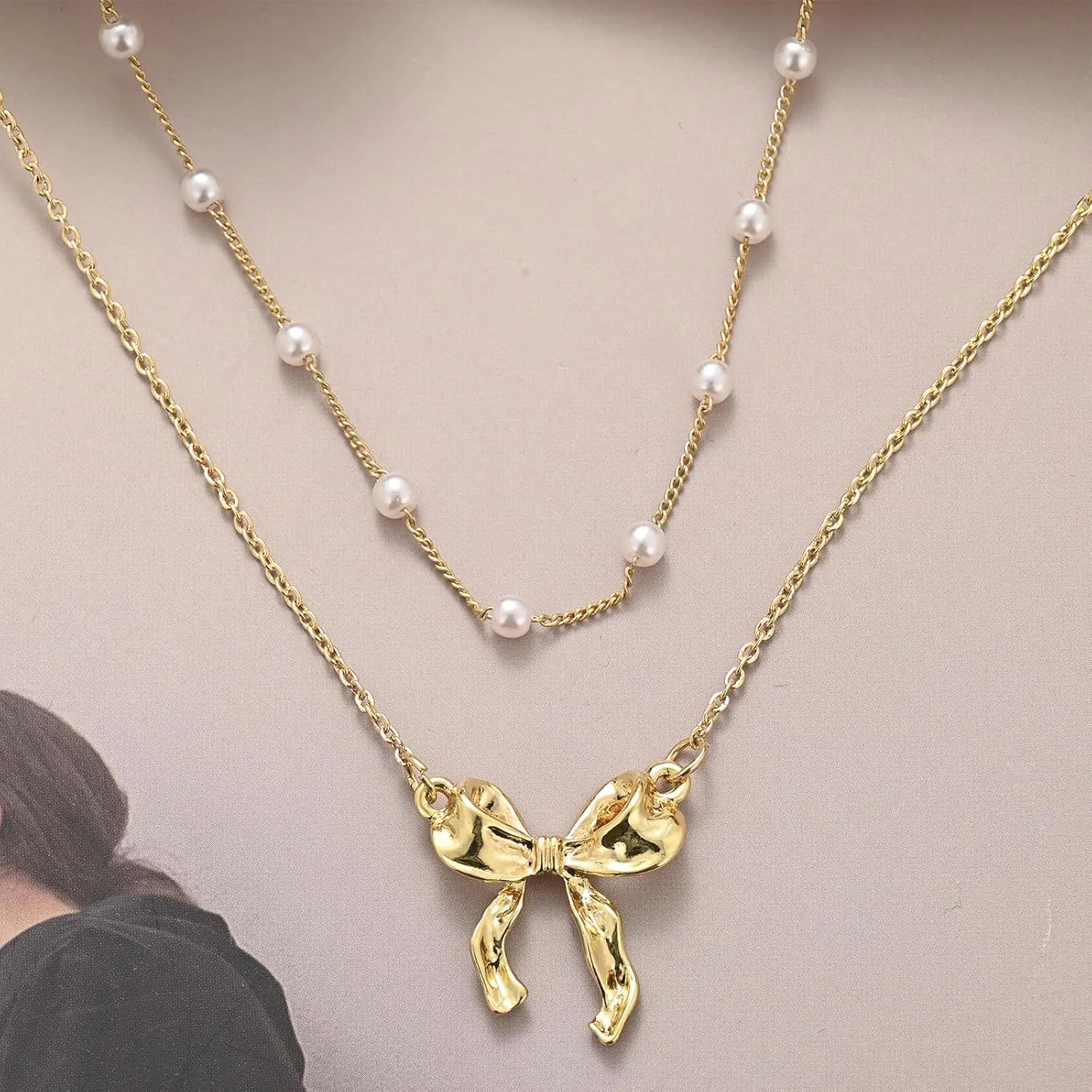Layered Gold Necklace for Women Multilaye Gold Bow Necklace Pearl Necklace 14K Gold Plated Bow Necklaces Layered Choker Chain Necklace Cute Bow Pendant Trendy Necklaces for Women Gold Jewelry Gift.