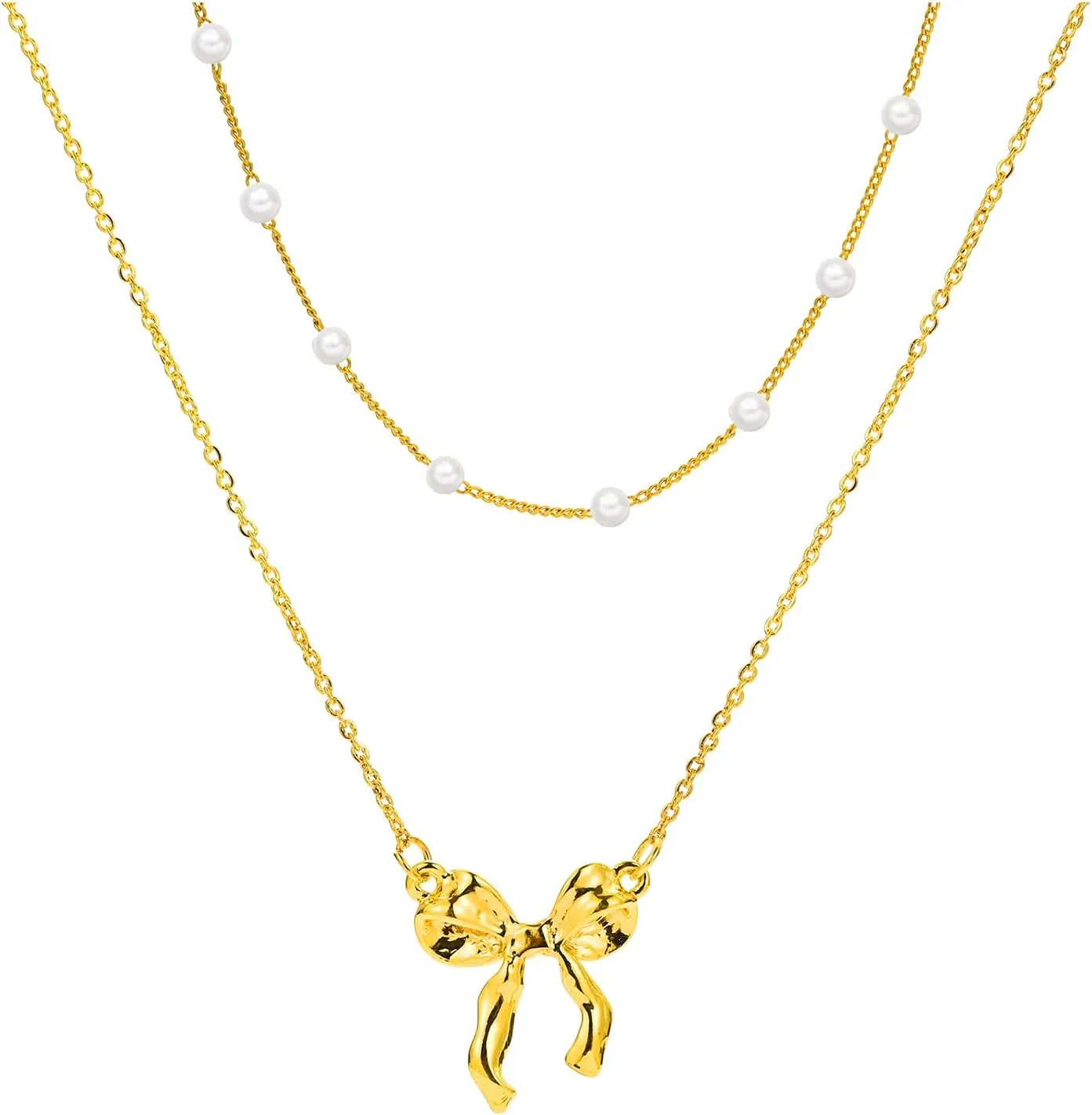 Layered Gold Necklace for Women Multilaye Gold Bow Necklace Pearl Necklace 14K Gold Plated Bow Necklaces Layered Choker Chain Necklace Cute Bow Pendant Trendy Necklaces for Women Gold Jewelry Gift.