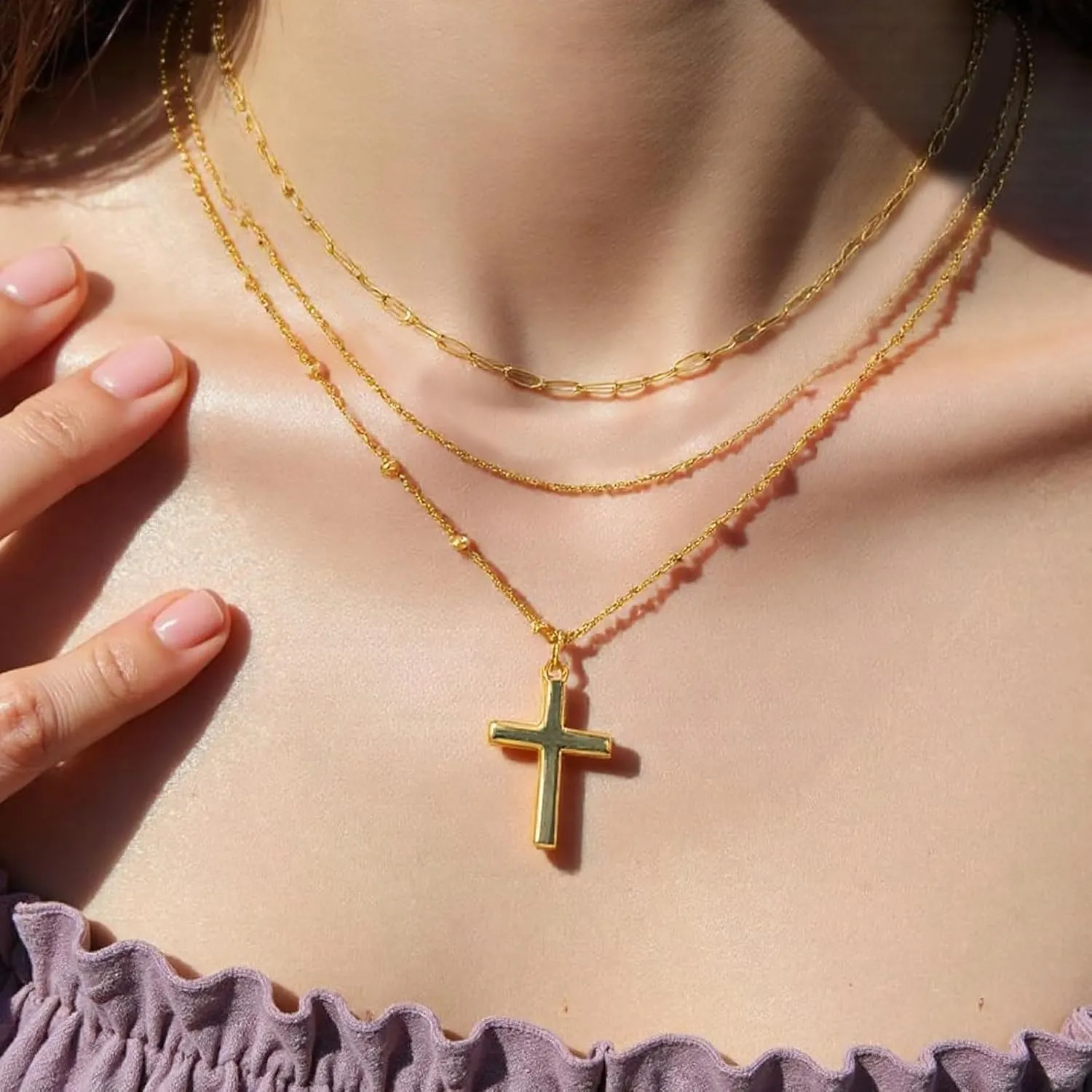 Layered Gold Necklaces for WomenStackable Dainty 14K Gold Plated Trendy crucifixion Diamonds Circle love Paperclip Chain Pendant Choker NecklaceJewelry Set Gifts for Women
