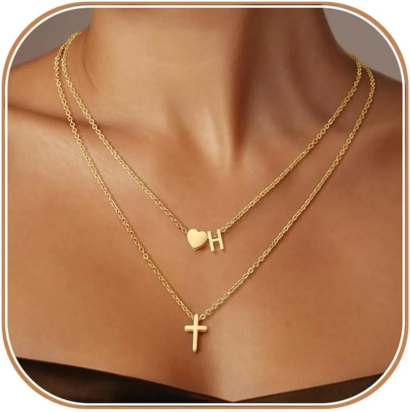 Layered Initial Necklaces for Women,Dainty 18K Real Gold Plated Heart Initial Necklace, Cross Necklace, Personalized Gifts for Women Teen Jewelry
