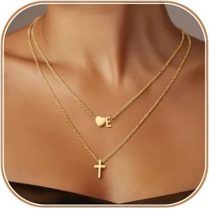 Layered Initial Necklaces for Women,Dainty 18K Real Gold Plated Heart Initial Necklace, Cross Necklace, Personalized Gifts for Women Teen Jewelry