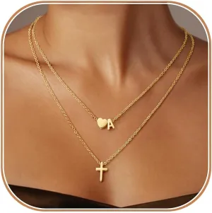 Layered Initial Necklaces for Women,Dainty 18K Real Gold Plated Heart Initial Necklace, Cross Necklace, Personalized Gifts for Women Teen Jewelry