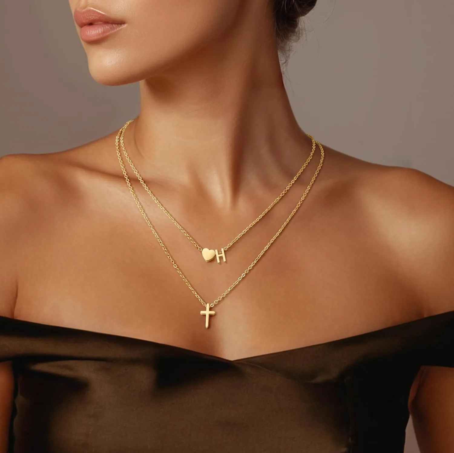 Layered Initial Necklaces for Women,Dainty 18K Real Gold Plated Heart Initial Necklace, Cross Necklace, Personalized Gifts for Women Teen Jewelry