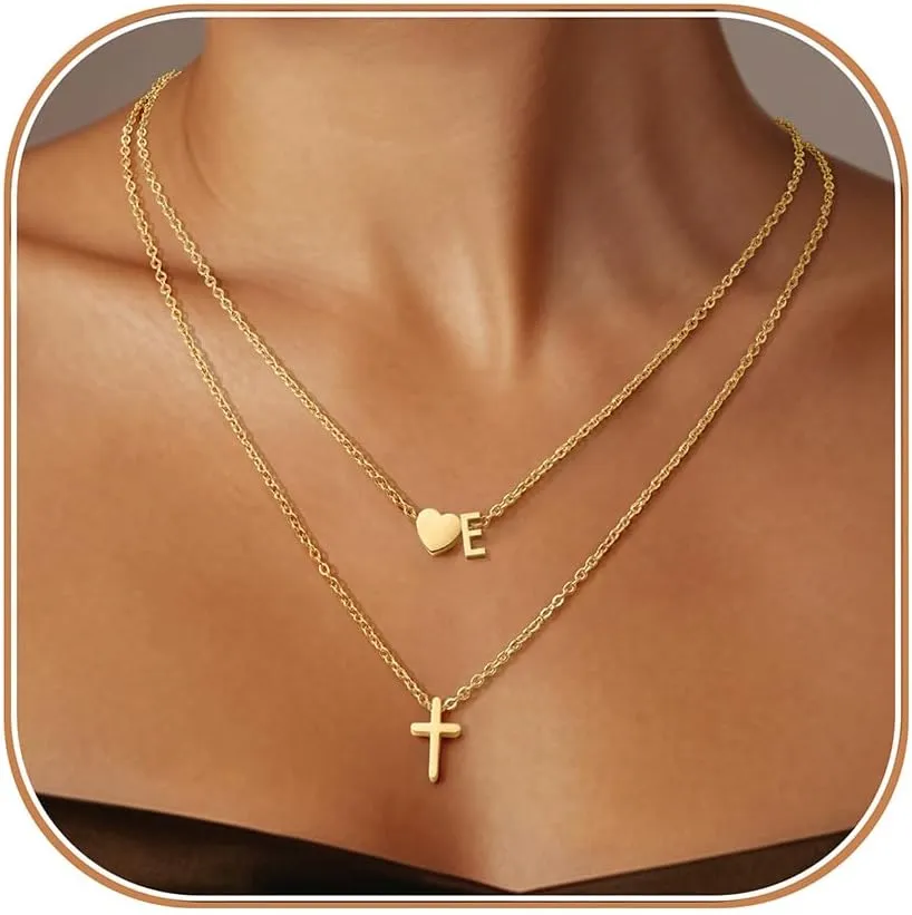Layered Initial Necklaces for Women,Dainty 18K Real Gold Plated Heart Initial Necklace, Cross Necklace, Personalized Gifts for Women Teen Jewelry