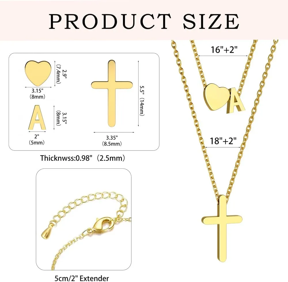 Layered Initial Necklaces for Women,Dainty 18K Real Gold Plated Heart Initial Necklace, Cross Necklace, Personalized Gifts for Women Teen Jewelry