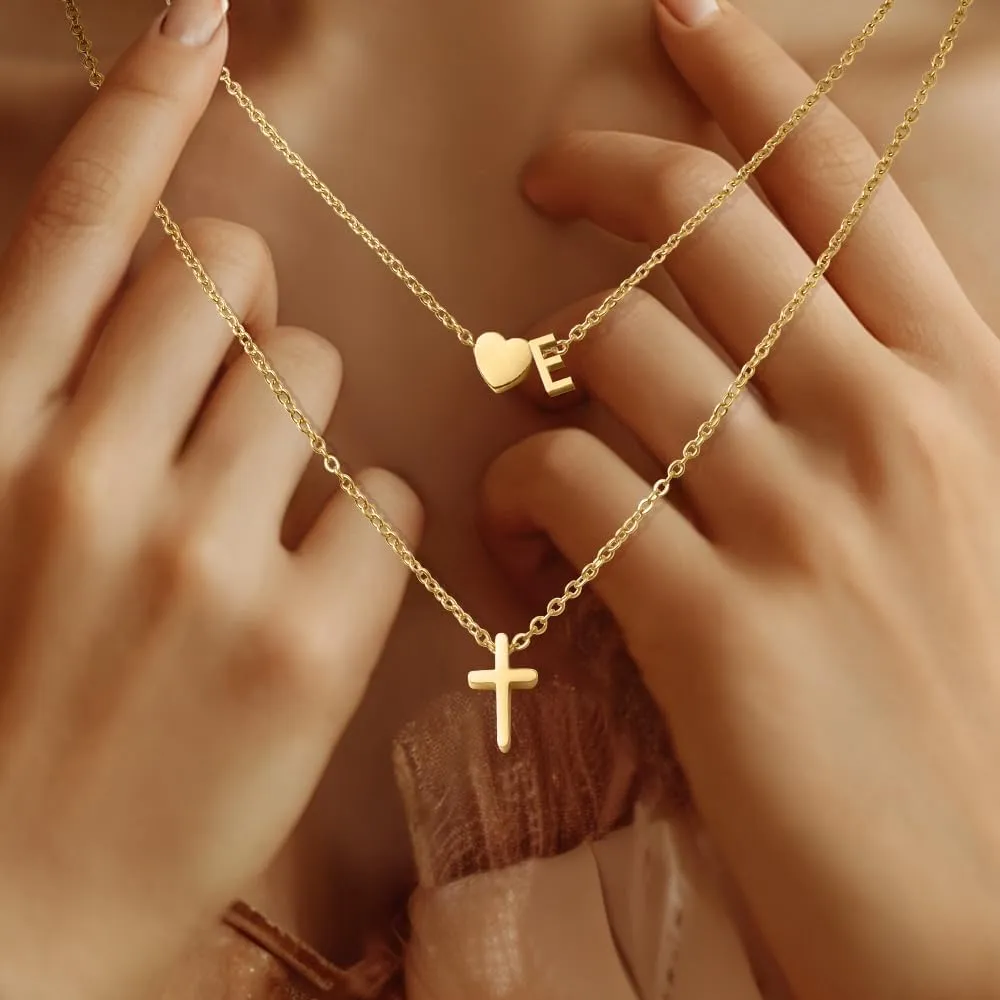 Layered Initial Necklaces for Women,Dainty 18K Real Gold Plated Heart Initial Necklace, Cross Necklace, Personalized Gifts for Women Teen Jewelry