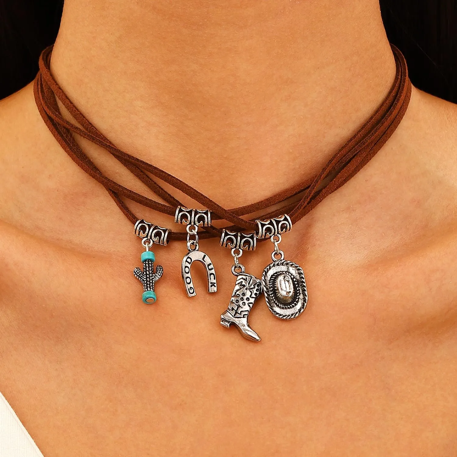 Layered Leather Choker Necklace Western Cowboy Hat and Boot Charm Pendant Necklace for Man Woman Western Style Cowboy Cowgirl Jewelry