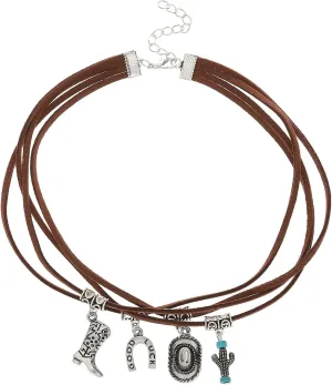 Layered Leather Choker Necklace Western Cowboy Hat and Boot Charm Pendant Necklace for Man Woman Western Style Cowboy Cowgirl Jewelry