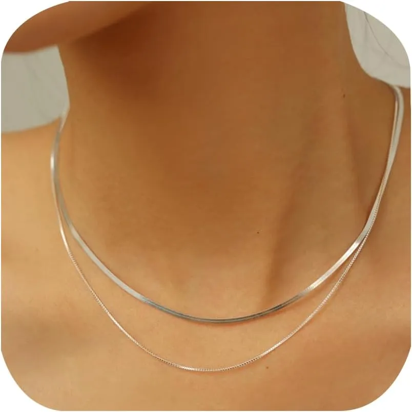 Layered Necklace for Women 14K Gold/Silver Layering Herringbone Necklace Double Layer Snake Chain Necklace Set Gold Chunky Thick Chain Choker Necklace Gifts for Her (Silver)