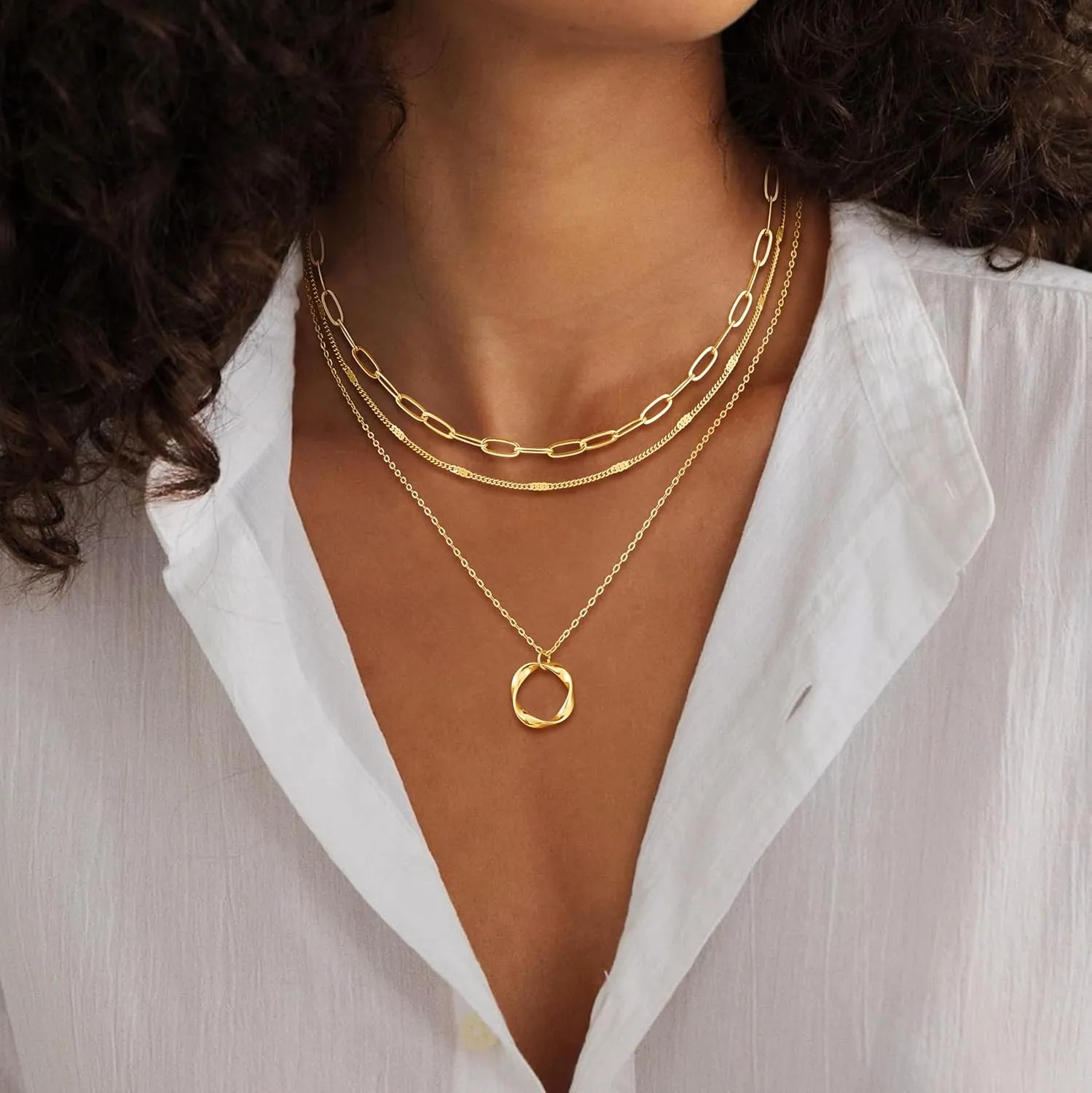 Layered Necklaces for Women Stackable Dainty 14K Real Gold Silver Plated Circle Pendant Necklace Figaro Paperclip Bead Chain Choker Necklace Simple Cute Jewelry Set Teen Gift Trendy Stuff