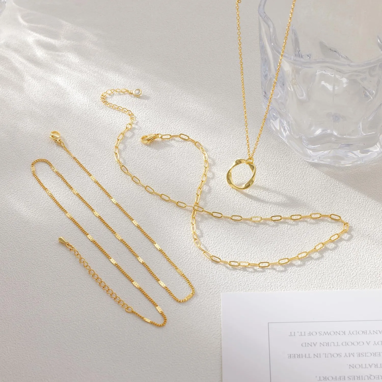 Layered Necklaces for Women Stackable Dainty 14K Real Gold Silver Plated Circle Pendant Necklace Figaro Paperclip Bead Chain Choker Necklace Simple Cute Jewelry Set Teen Gift Trendy Stuff