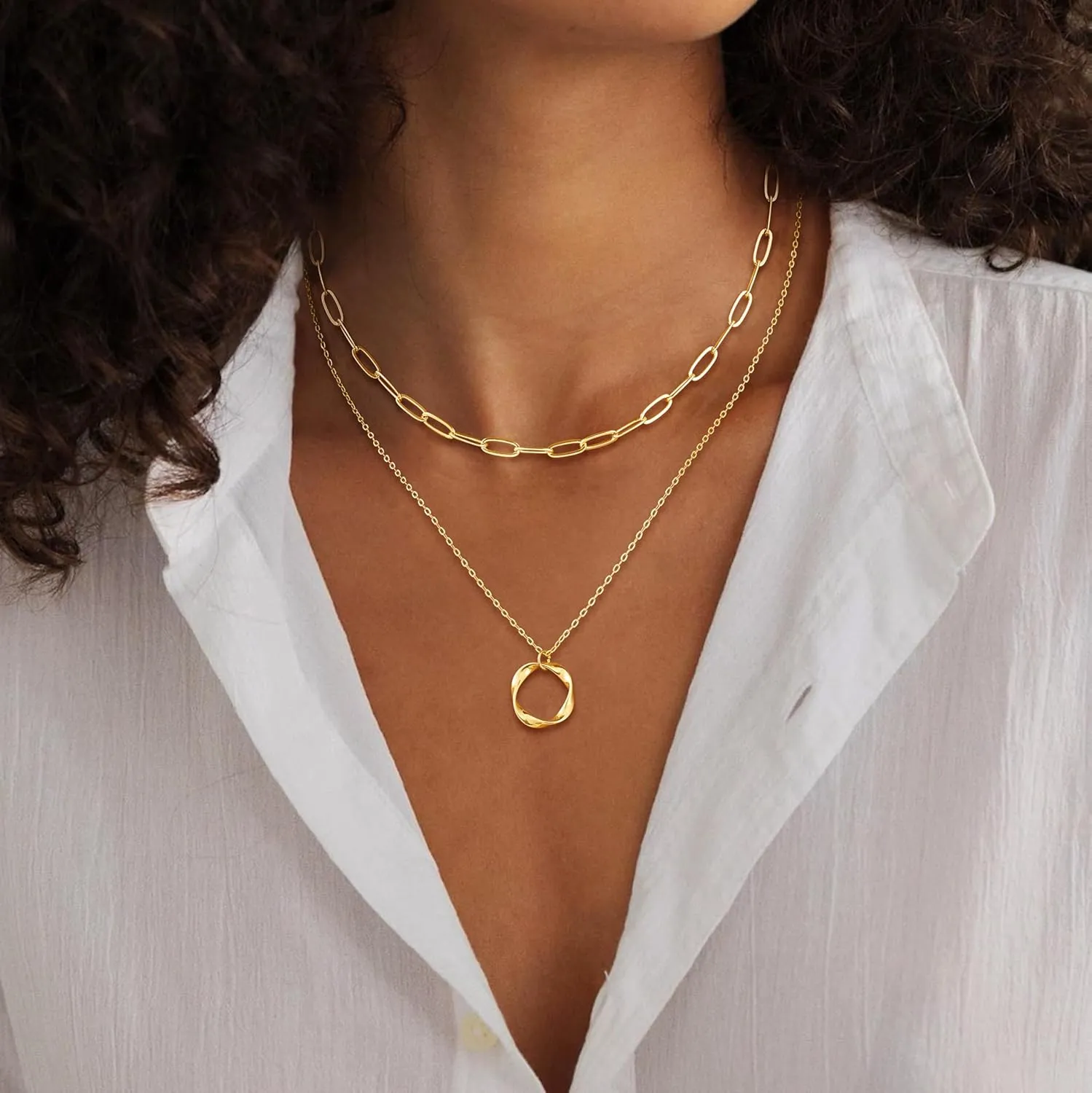 Layered Necklaces for Women Stackable Dainty 14K Real Gold Silver Plated Circle Pendant Necklace Figaro Paperclip Bead Chain Choker Necklace Simple Cute Jewelry Set Teen Gift Trendy Stuff