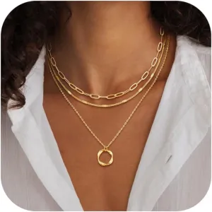 Layered Necklaces for Women Stackable Dainty 14K Real Gold Silver Plated Circle Pendant Necklace Figaro Paperclip Bead Chain Choker Necklace Simple Cute Jewelry Set Teen Gift Trendy Stuff