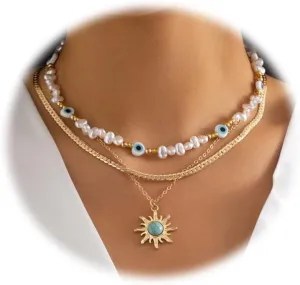 Layered Pearl Choker Necklace Evil Eye Necklace Sunflower Coin Pendant Multilayer Necklace with Fashion Jewelry GiftDainty Imitation Pearl Beaded Necklace for Women (Sunflower)