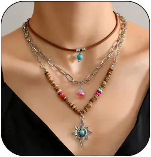 Layered Western Cowgirl Necklaces for Women Vintage Rodeo Turquoise Beaded Chain Cowboy Hat Western Jewelry Set for Country Cowgirl Outfit Accessories
