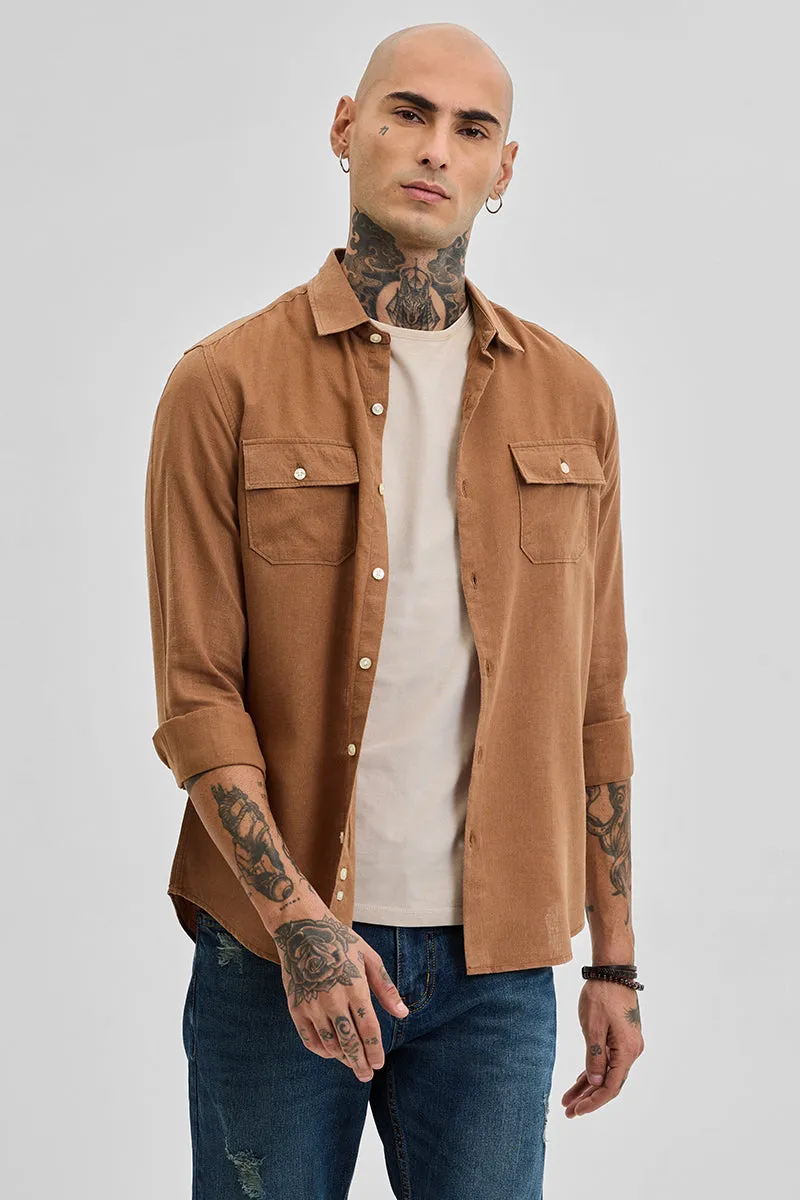 Light Brown Double Pocket Linen Blend Shirt