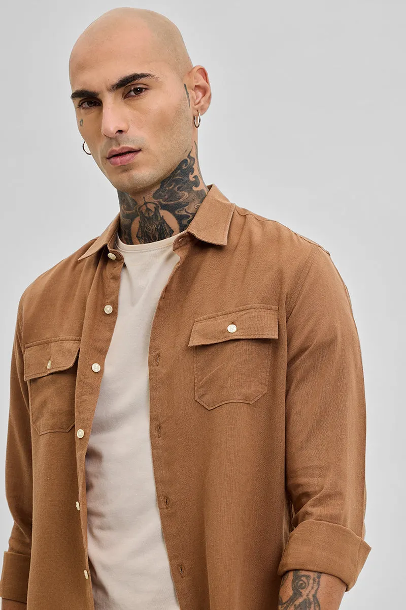 Light Brown Double Pocket Linen Blend Shirt