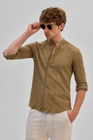 Light Brown Mandarin Self-Design Shirt