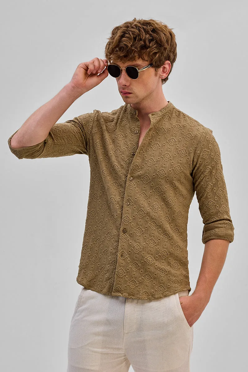 Light Brown Mandarin Self-Design Shirt