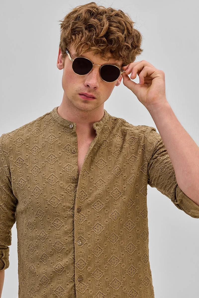 Light Brown Mandarin Self-Design Shirt