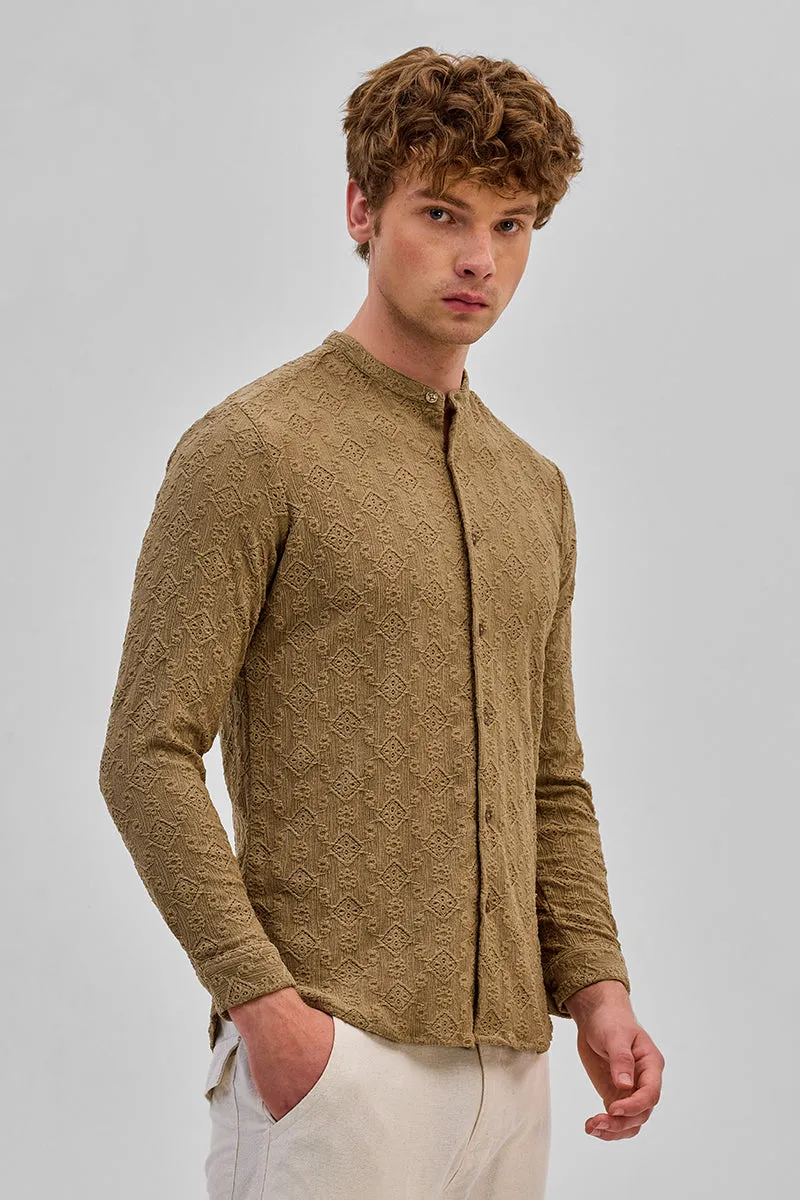 Light Brown Mandarin Self-Design Shirt