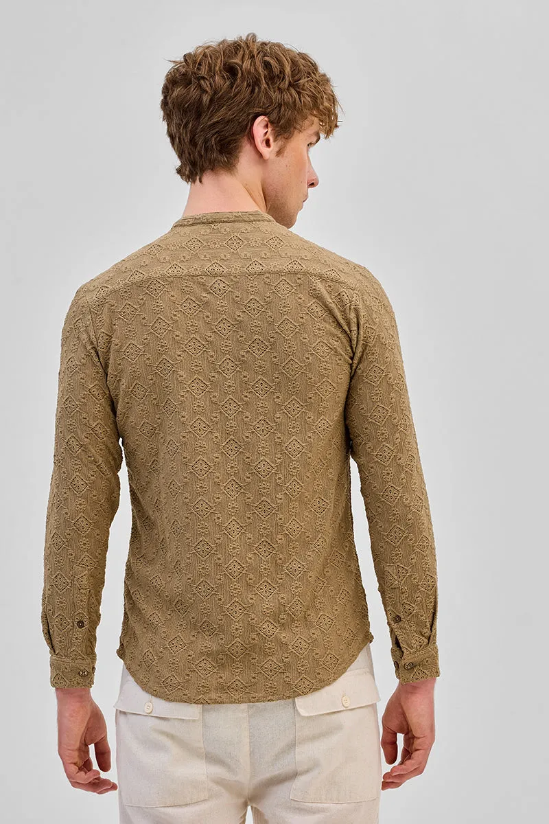 Light Brown Mandarin Self-Design Shirt