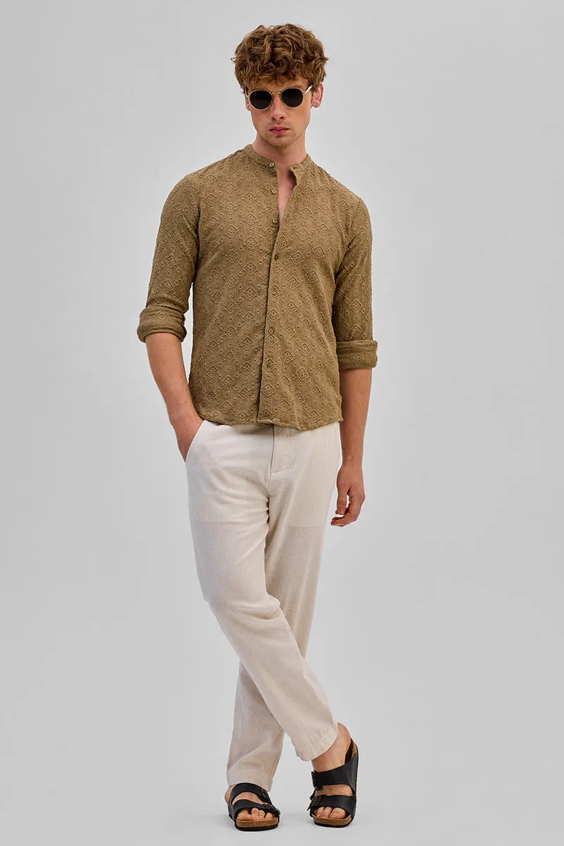 Light Brown Mandarin Self-Design Shirt